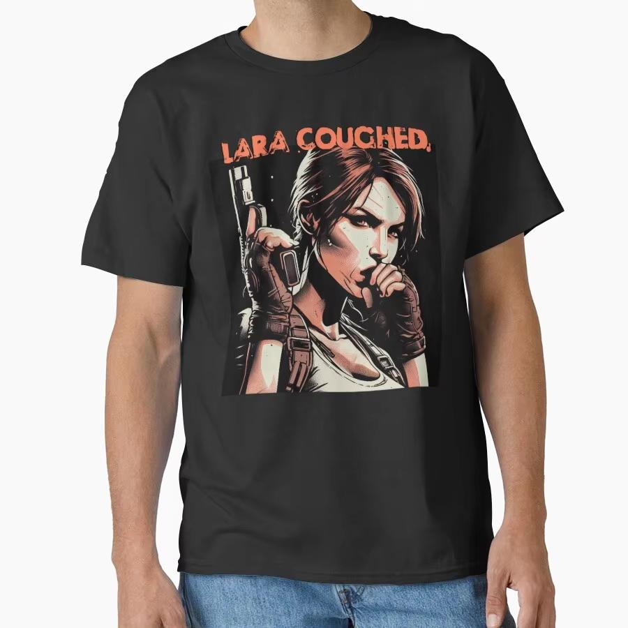 Лара Кашлянула Tomb Raider Лара Крофт 80-е Видеоигра Подарок футболка для мужчины женщины Топы хлопок с принтом Одежда