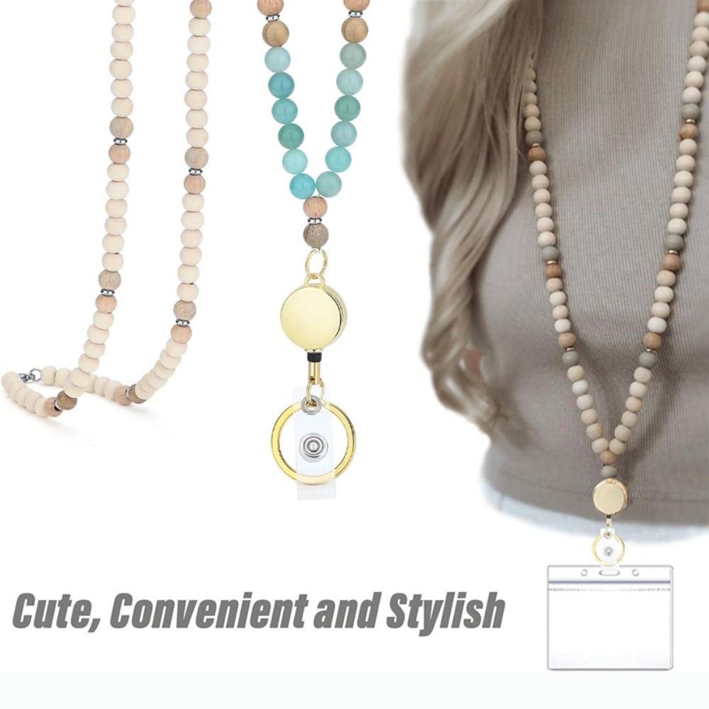 Multi-function Lanyards for ID Badge Keys 8mm Natural Beads Retractable Lanyards Id Badge Holder