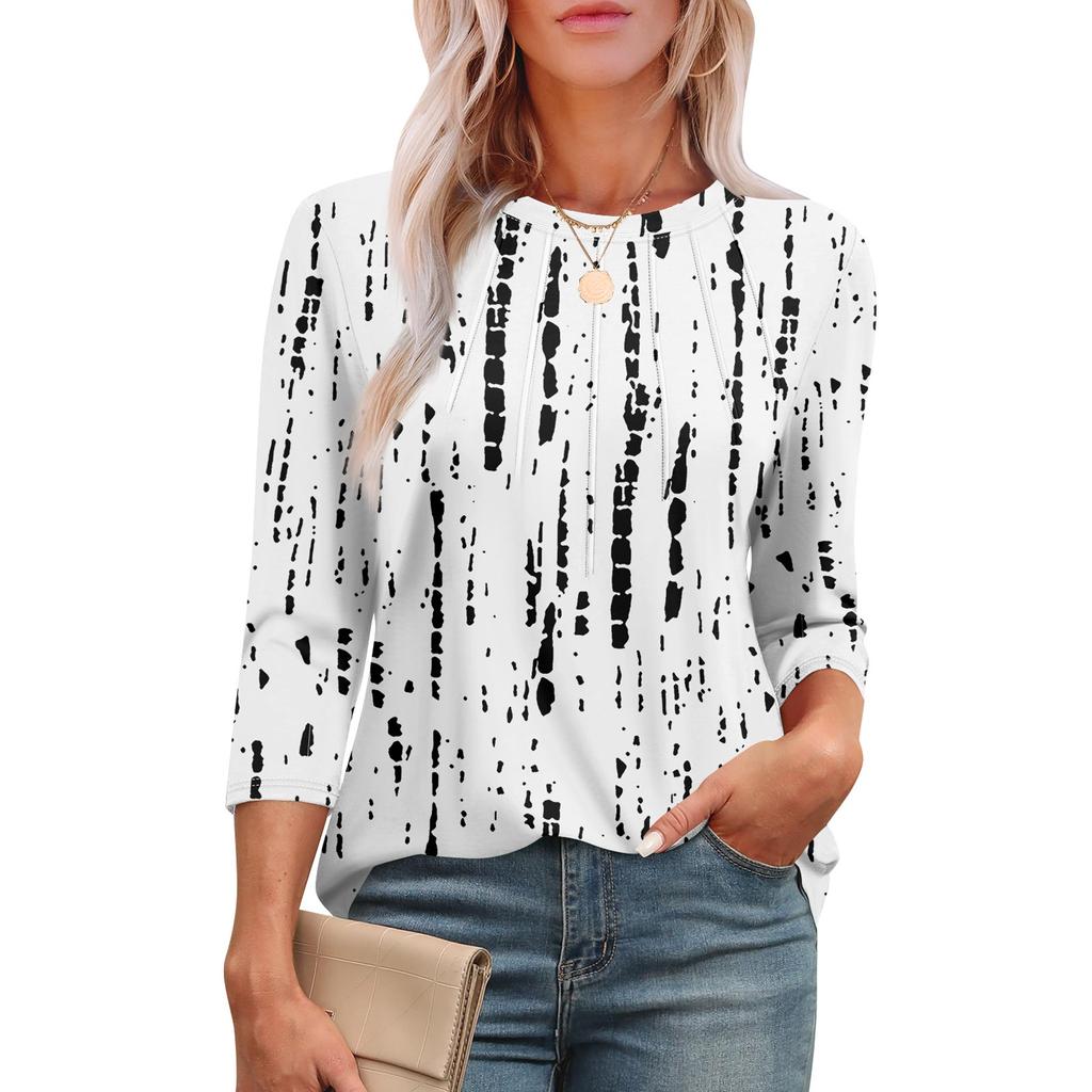 Women's Fashionable Round Neck 3/4 Sleeve Printed Casual Basic Pleated Pullover T-shirt Top