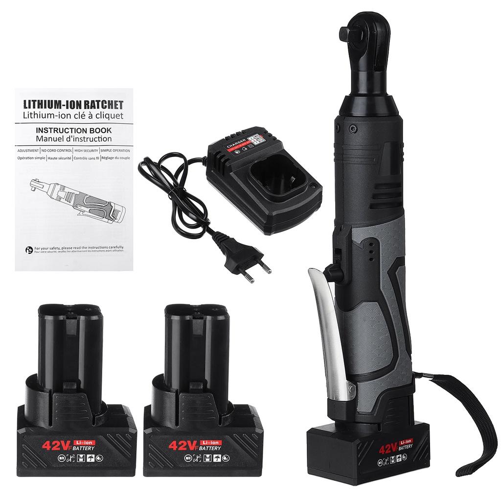 42V 100N.m Cordless Electric Wrench 3/8 Ratchet Wrench Set Angle Drill Screwdriver Wrench Tools with 2xBattery Charger