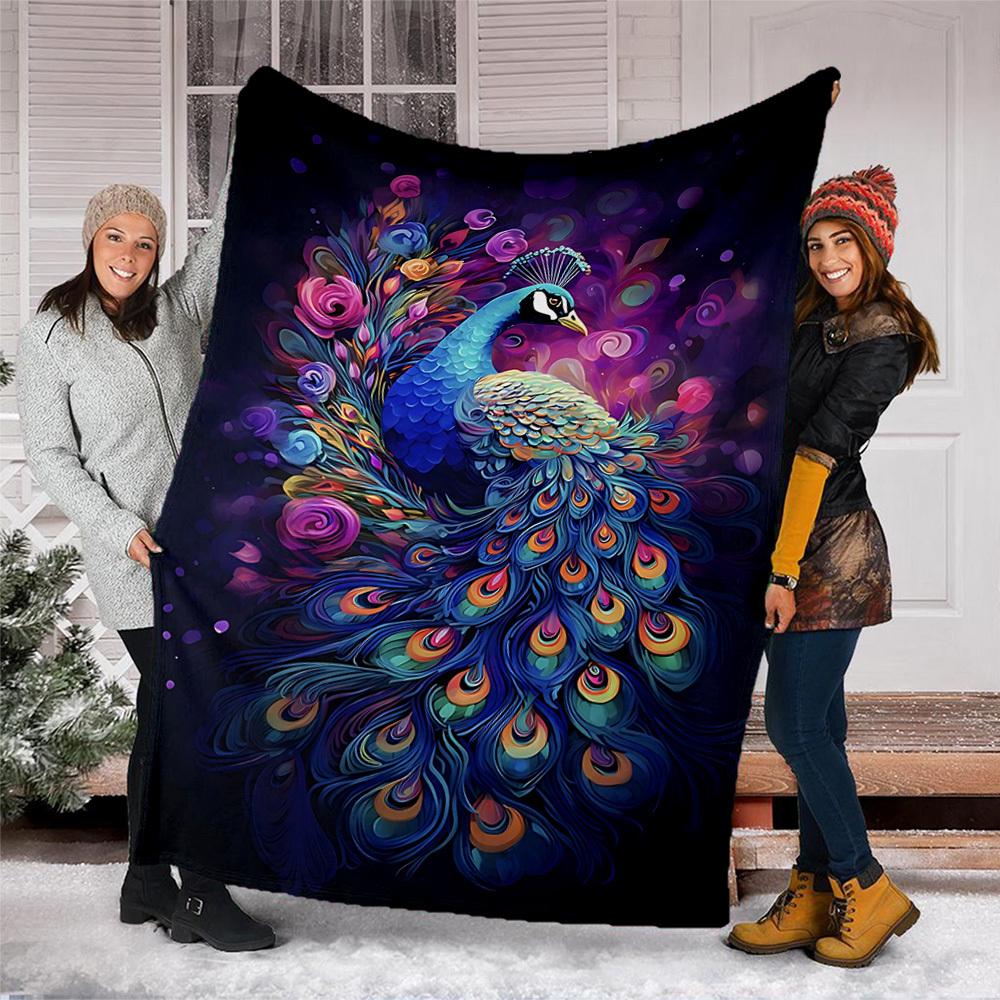 1pc Peacock Feather Print Outdoor Blanket, Lightweight Polyester,