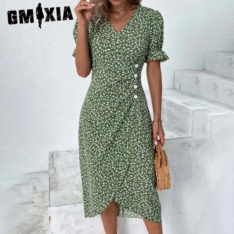 GMXIA Женская мода лето весна повседневные платья с коротким рукавом и v-образным вырезом