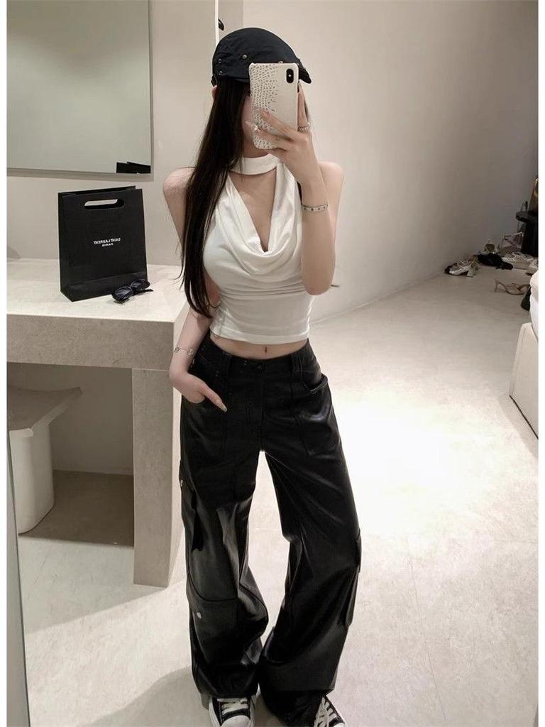 Хаки Топ-майка с открытой спиной, драпированным вырезом и завязками на шее - Женский летний топ без рукавов