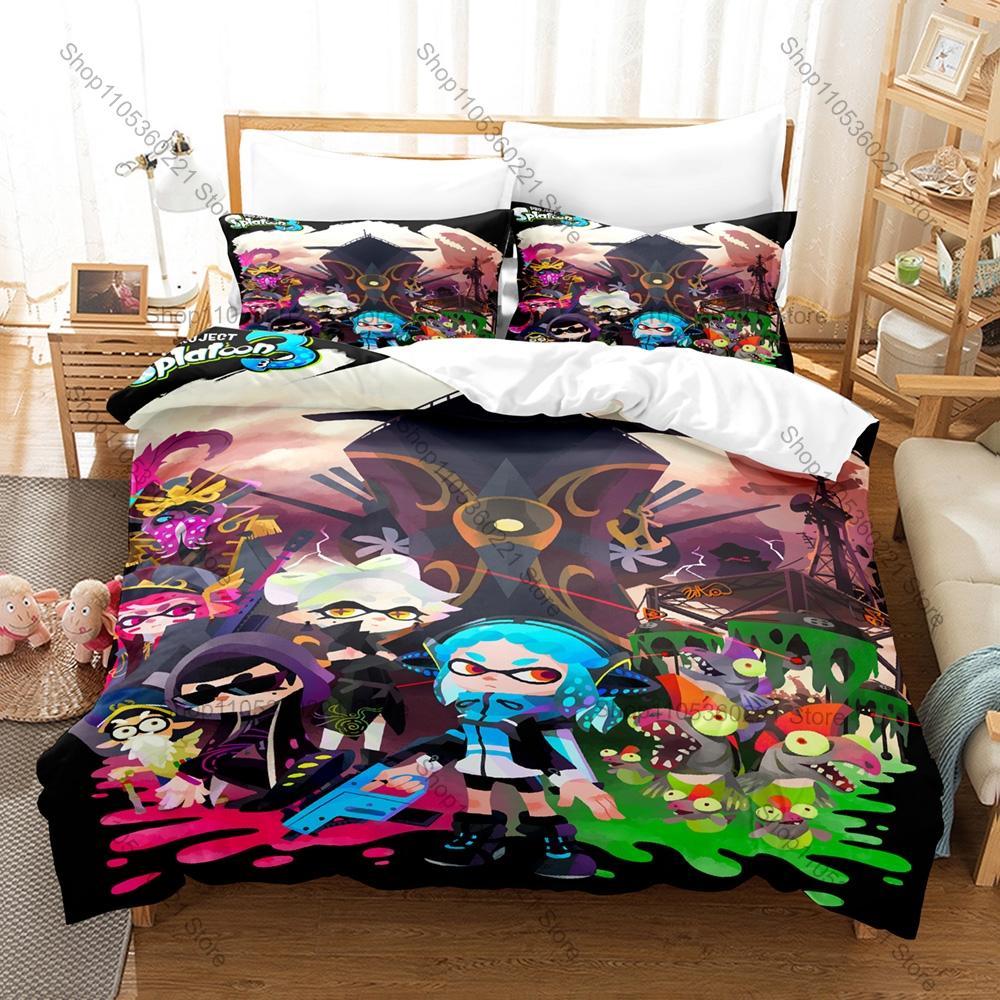 Splatoon 3 3PCS Bedding Set, Duvet Cover + 2 Pillowcases, Colorful Game Print Soft Microfiber for Gaming Fans Decor