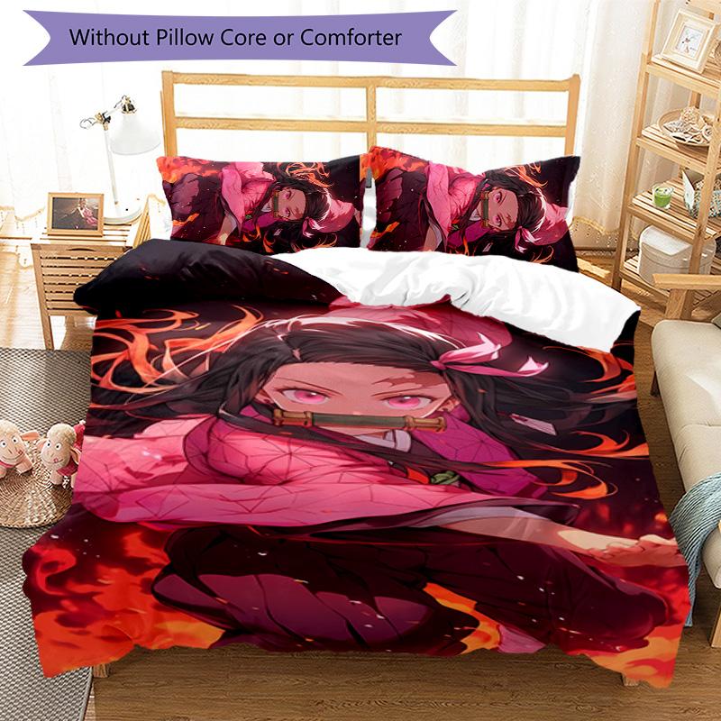 3pcs Demon Slayer characters2 pattern bedding set duvet cover set includes duvet cover &pillowcases, perfect all season bedroom decoration & gift