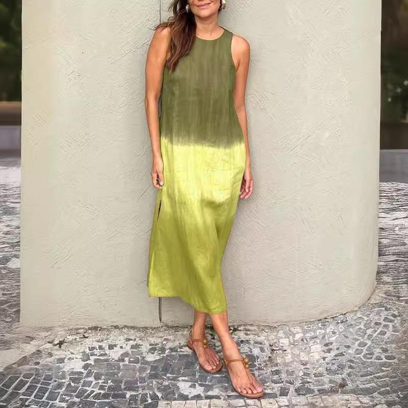 Женщины Европа и США Лето Женское Повседневное Хлопок Льняное Платье Без Рукавов С Разрезом Градиент