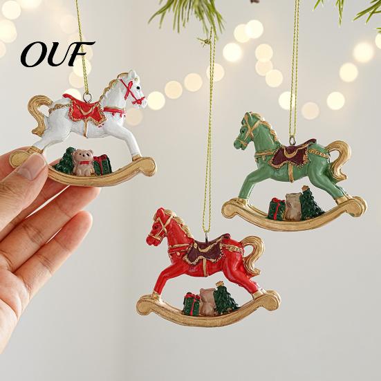 Colorful Hanging Figurines Rocking Horse Christmas Ornament, Resin Tree Decoration with Holiday Atmosphere Decorations Bear Gift Box for Window