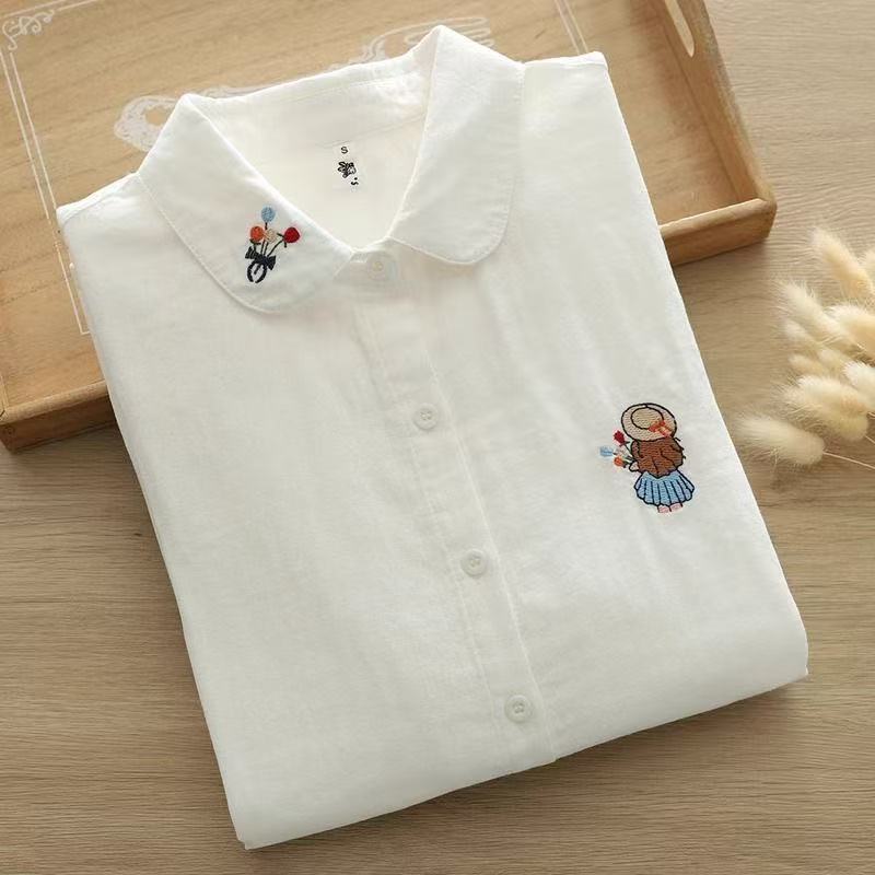 Белые рубашки из чистого хлопка Женские с отложным воротником Вышитые с длинным рукавом На пуговицах Повседневные топы Блузка для девочки Весна и Осень