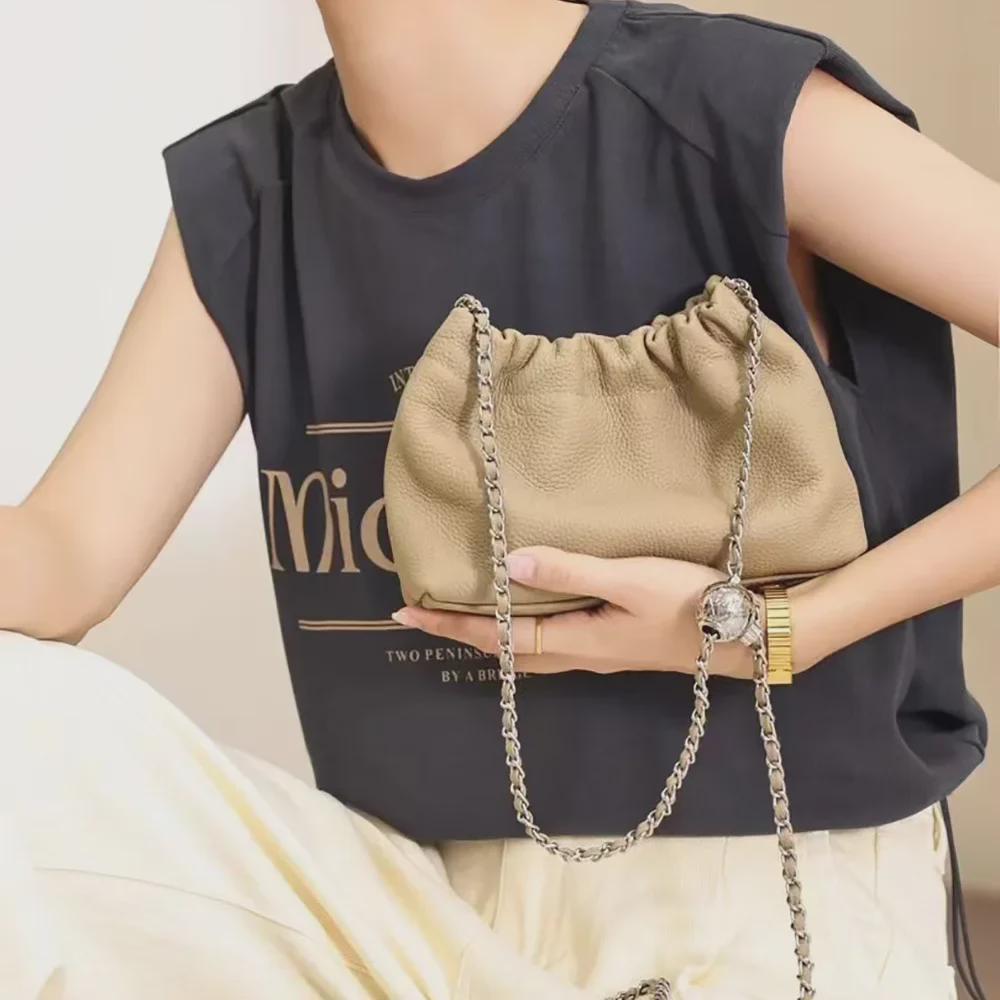 2024 Модная плиссированная кожаная сумка Cloud с золотой цепочкой – женская маленькая квадратная сумка-мессенджер через плечо