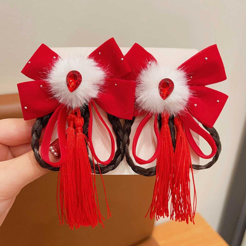 Ancient Style Children's New Year Hairpin Princess Wig Braid New Year Bow Hairpins Plush Ball Ribbon Tassels