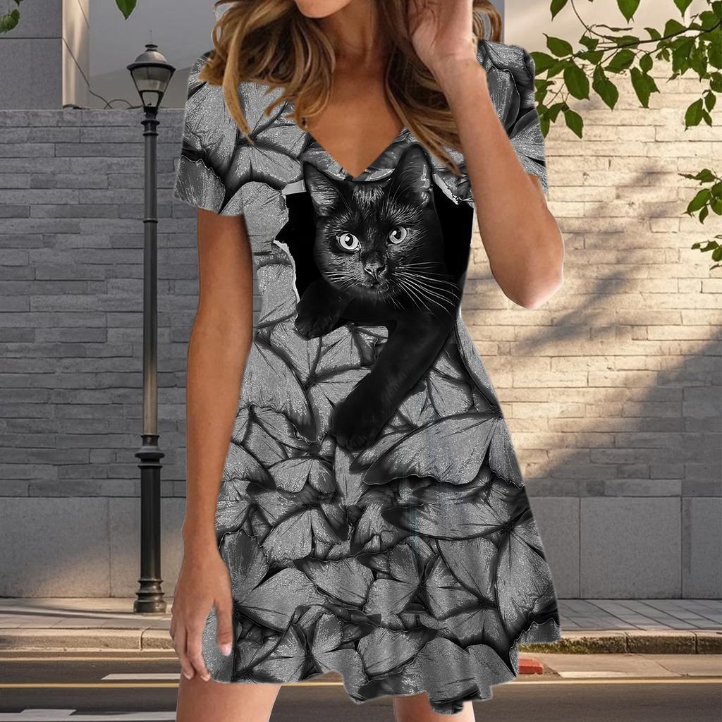 Летняя мода женские V-образный вырез короткий рукав черный кот принтованное платье сексуальные короткие юбки платья