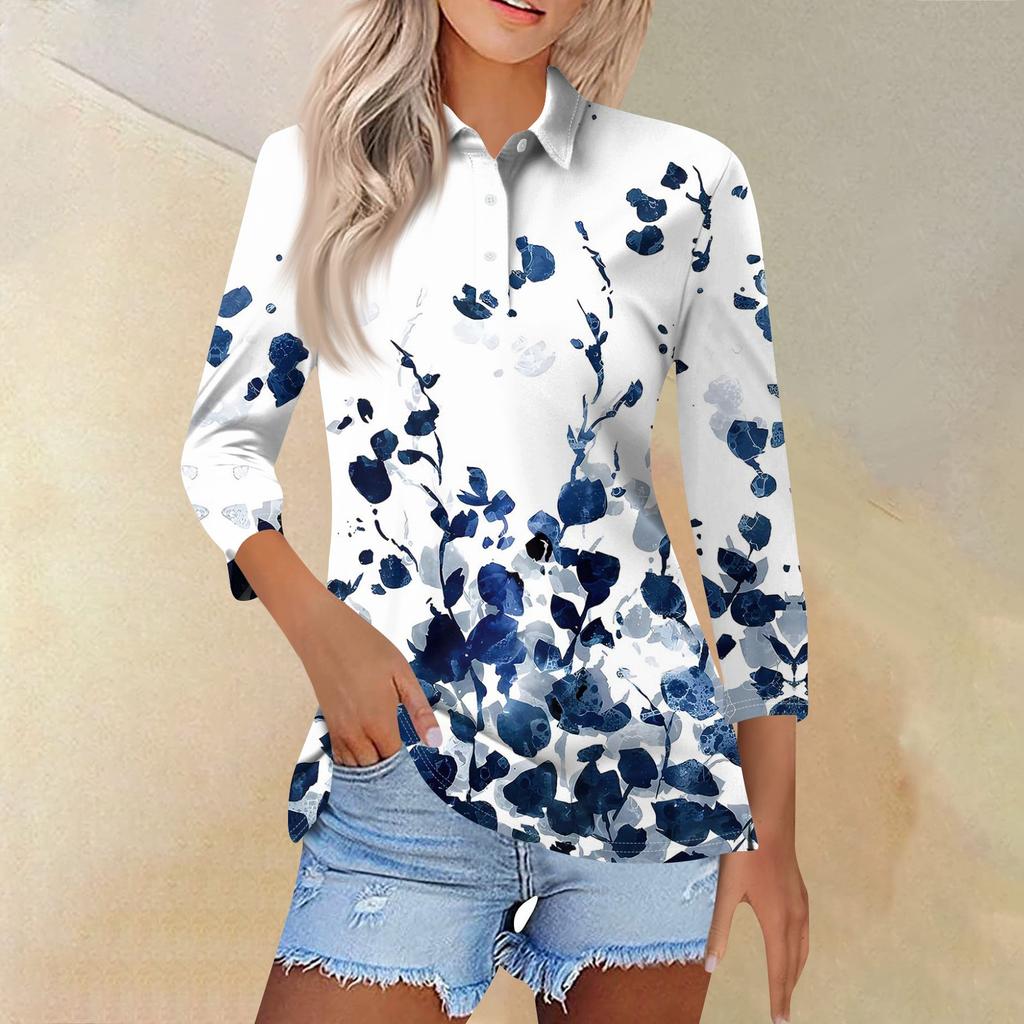 Женская модная повседневная рубашка с отворотом и рукавом 3/4, женские топы на пуговицах