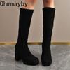 Зимний уличный стиль Круглый носок До колена Женские сапоги Толстый каблук Обувь Женская Панк Винтаж Длинные ботильоны De Muje