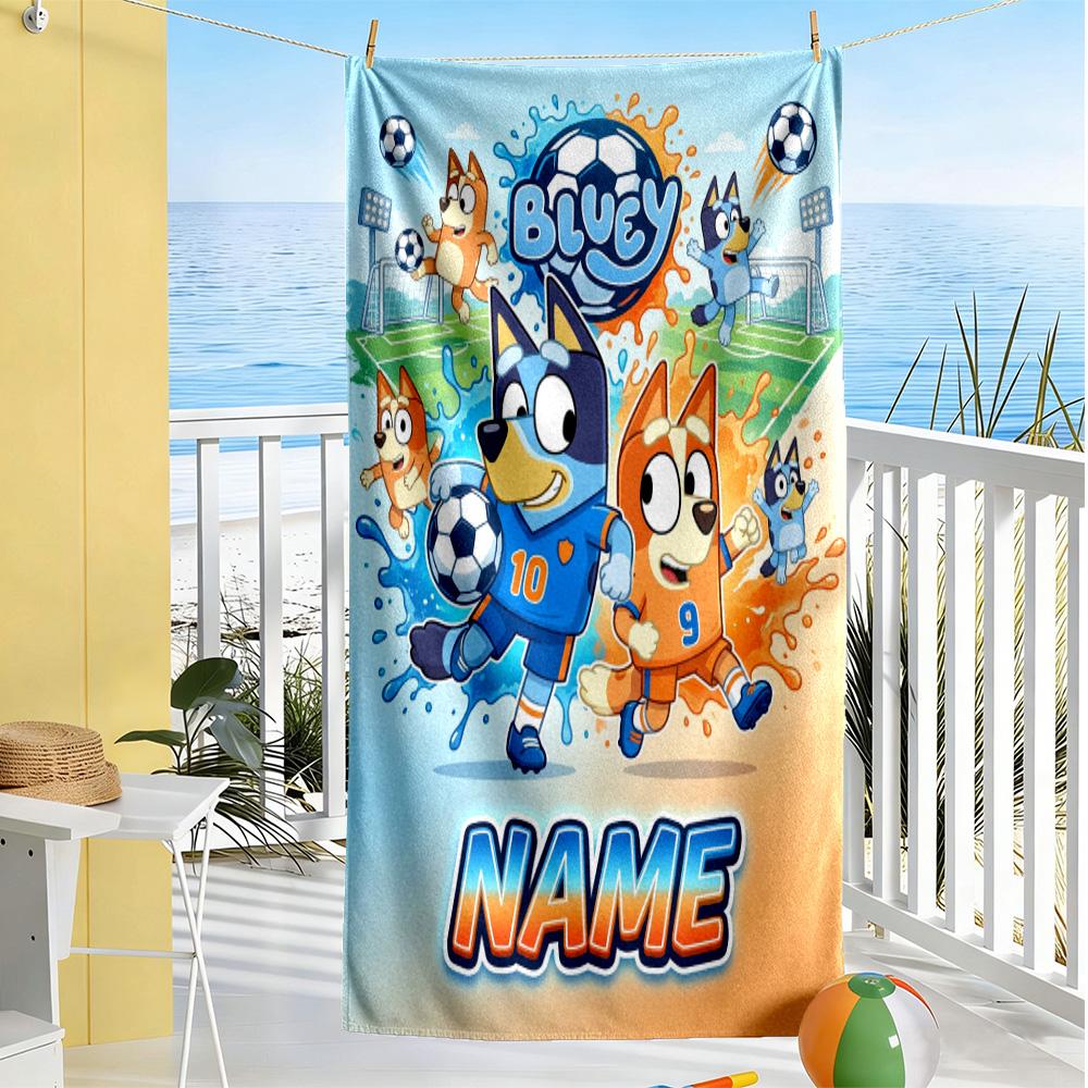 Bluey's Soccer Fun Personalized Text Beach Towel High Absorbency & Quick-Dry Portable for SwimmingBeachCamping Travel Beach AccessoriesGym