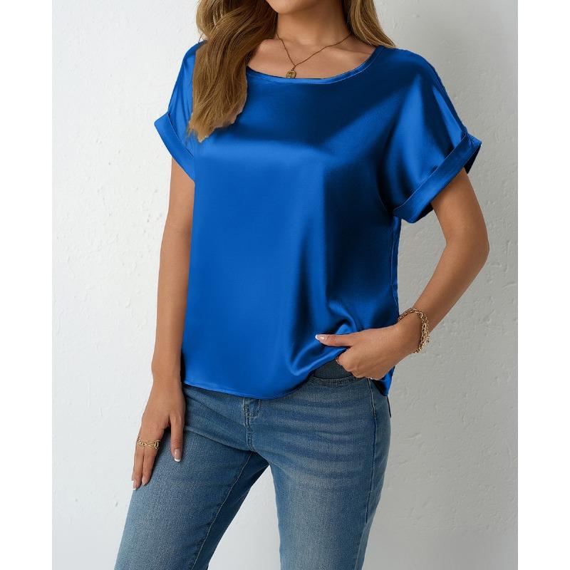Women's Spring Summer Short-sleeved Satin Shirt Loose Casual Color T Shirt