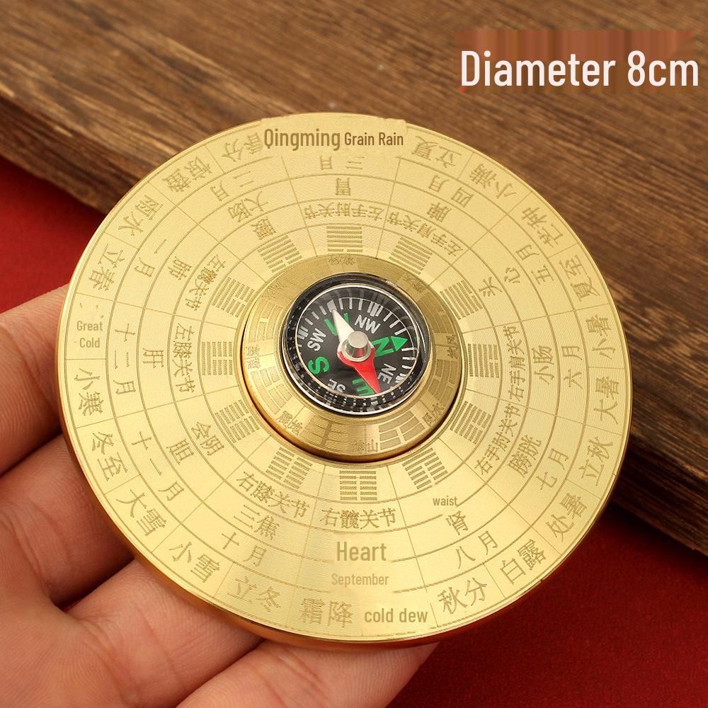 All-Copper Brass Rotating Bagua Compass with Dual-Sided Turntable and Handle