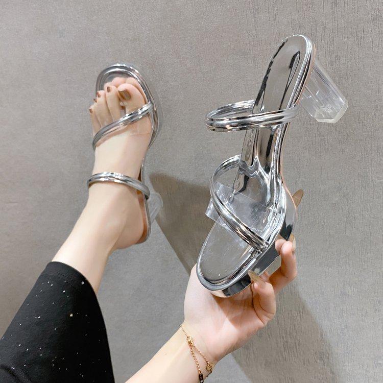 Модные прозрачные туфли на высоком каблуке, женские летние новые сандалии на хрустальном каблуке с пряжкой, шлепанцы для улицы, женские шлепанцы из полиуретановой резины