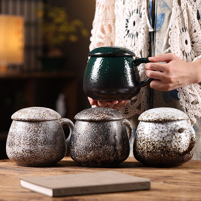 Coarse pottery mug with lid Large capacity 1000ml household water cup Ceramic office belly cup Coffee cup