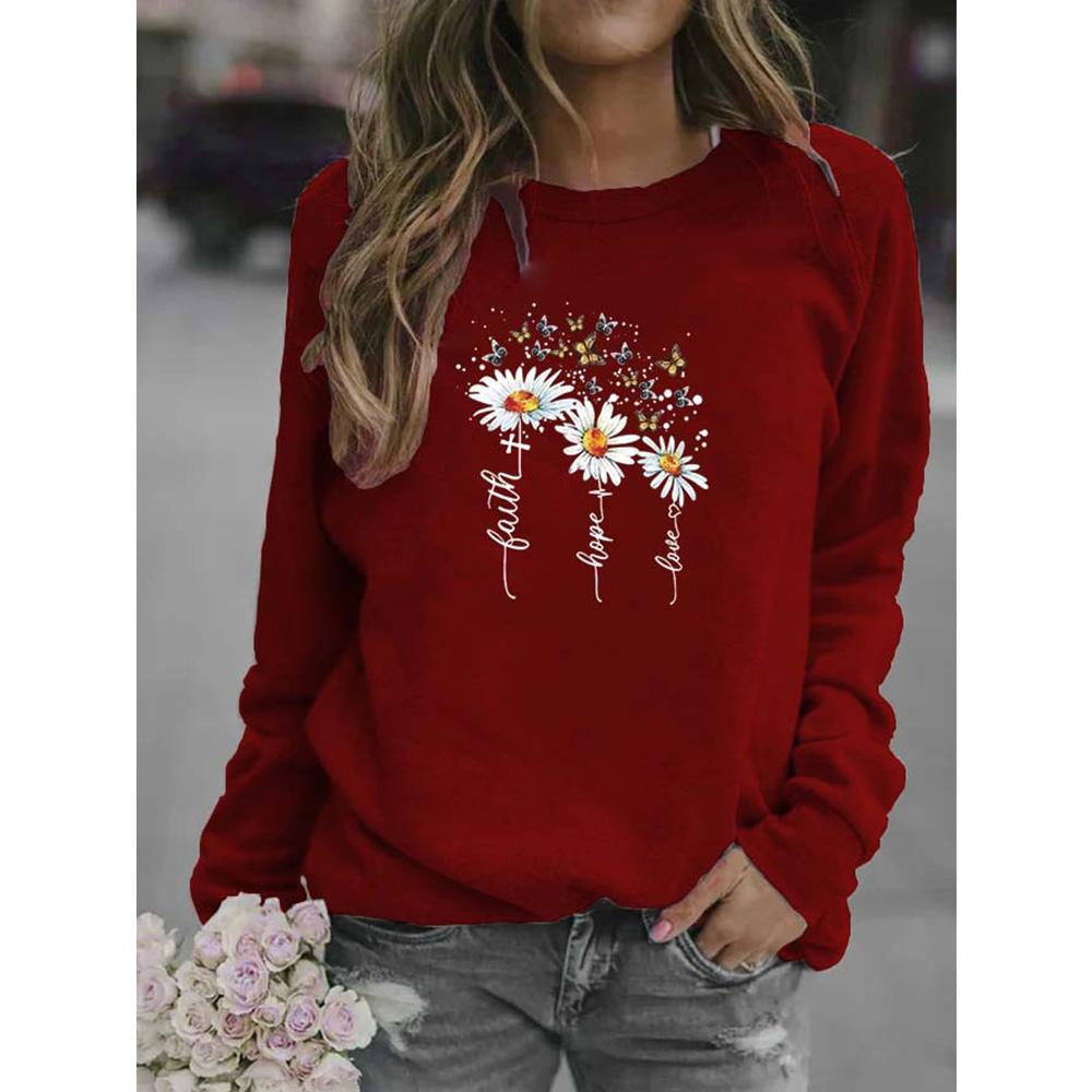 Зимние женские топы с принтом ромашки, женская Повседневная толстовка с круглым вырезом и длинными рукавами, блузка больших размеров