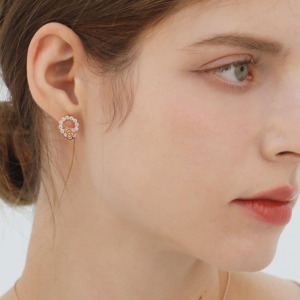 [Merry-Grin] Rose Round Cubic Silver Needle Earrings