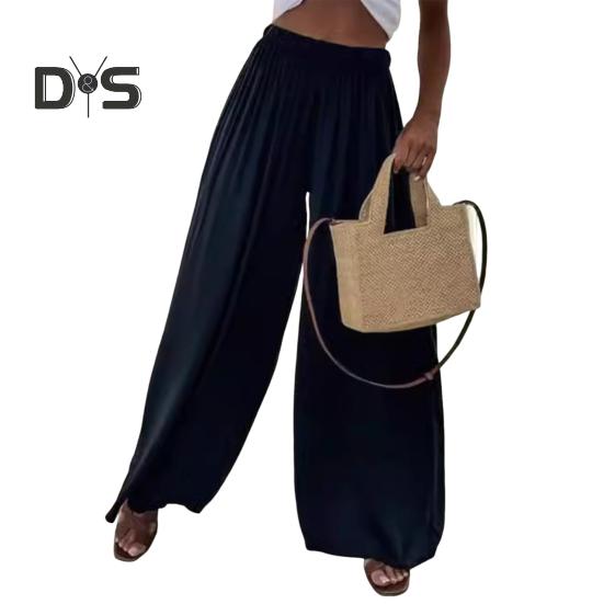 Women Pants Oversize Wide Leg Elastic Waist Casual Trousers Loose Fit Solid Color Thin Long Pants Daily Wear