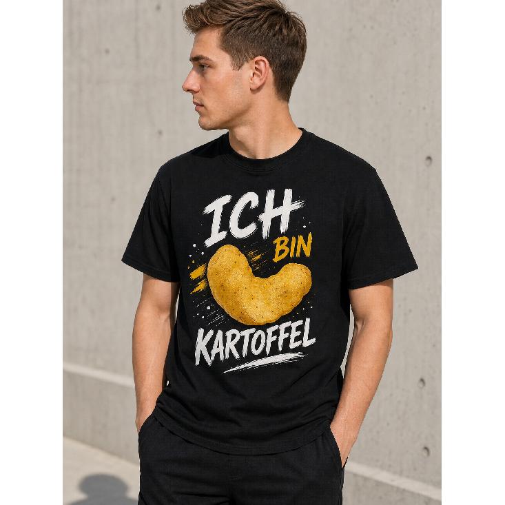 Men's black cotton t-shirt with funny German potato graphic, crew neck short sleeve relaxed fit casual wear for everyday humor lovers
