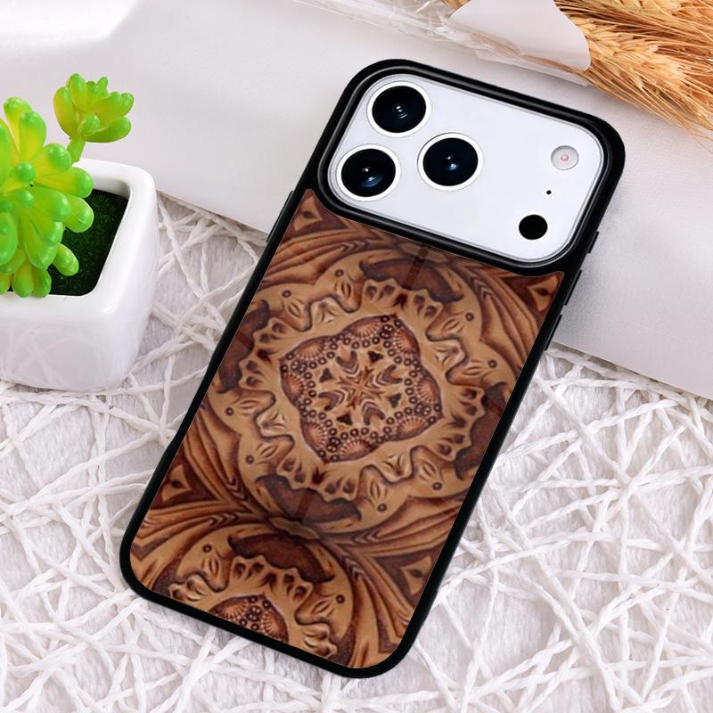 Brown Tooled Leather Pattern Phone Case for iPhone 17 Air 16 15 11 12 14 13 Pro Max Shockproof Cover