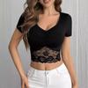 Summer Women's Elegant V-neck Lace Lace Splicing Short-sleeved Slim Thin Short T-shirt