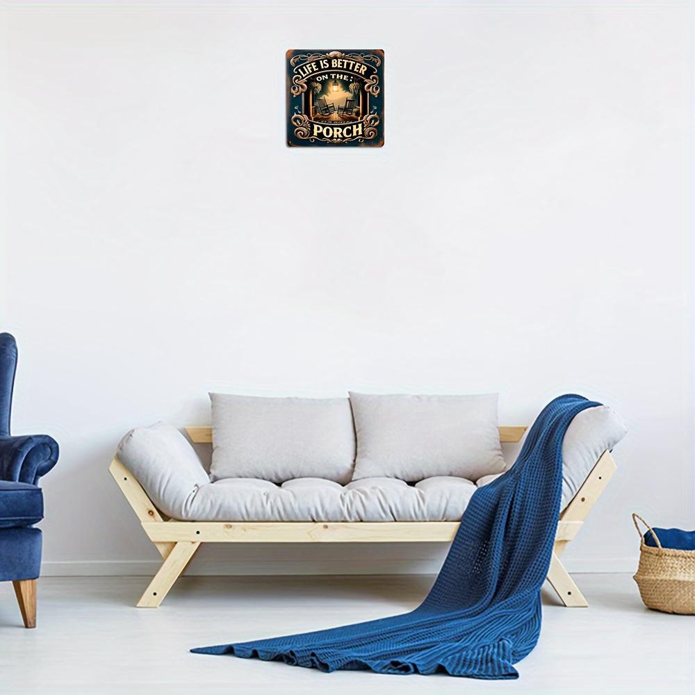 1PC Rustic Elegant Metal Tin Sign 8x8 Inches Classic Porch View Sunset and Rocking Chairs, Perfect for Home