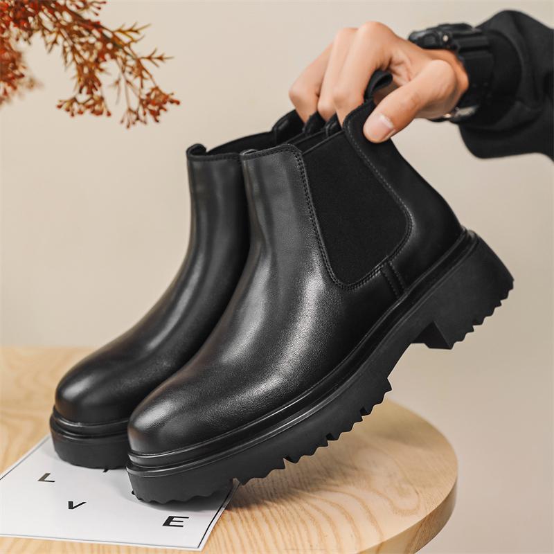 Ботинки челси из натуральной кожи, классические мужские ботинки в стиле ретро с острым носком, теплые зимние ботинки с плюшевым мехом, зимние ботинки на платформе без застежек