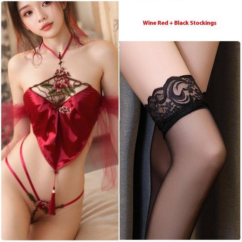 Сексуальное нижнее белье с шейным ремешком, взрослая пижама с карманом на животе, вышивка, чистая похоть, соблазнение, флирт, зрелая молодая женщина, постельная дразнилка