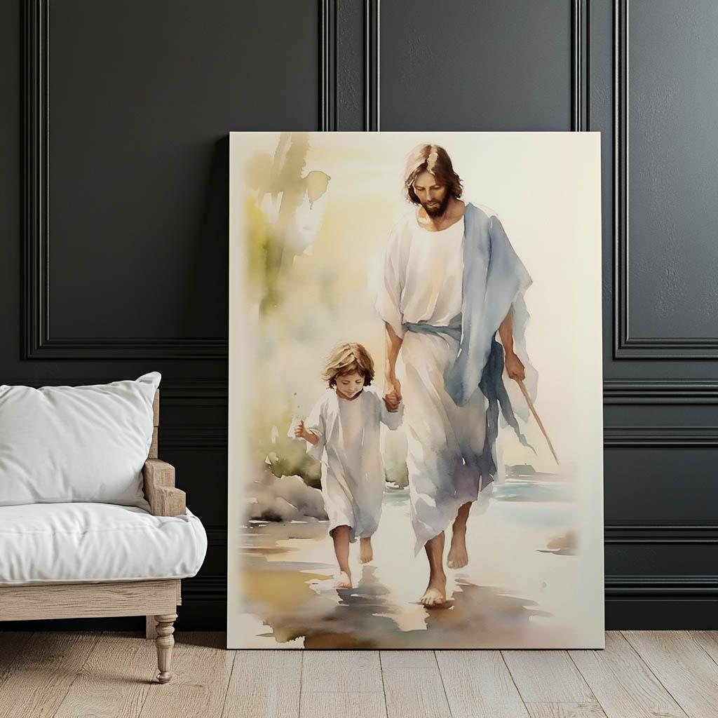 Jesus Walking With Child Jesus Walking With Child, 50X70 Cm, Unframed, Premium Canvas On Stretcher
