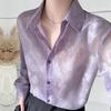 Women Shirt Lapel Long Sleeve See-through Flower Pattern Shirt Tops Single Breasted Thin Sun Protection