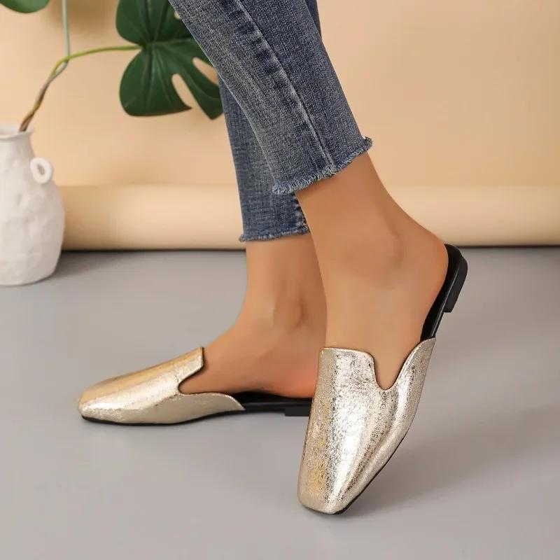 Летние туфли на плоской подошве, женские тапочки с закрытым носком, новые легкие мюли с квадратным носком для женщин, повседневные женские туфли-слайды