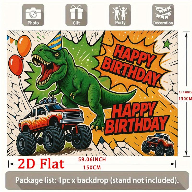 2D plane, "Dinosaur and Monster Truck Birthday Banner" - Dinosaurs and trucks with balloons, durable party backdrop fabric