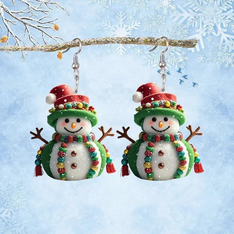 Christmas Themed Snowman Pattern Women Acrylic Earrings For Holiday Style