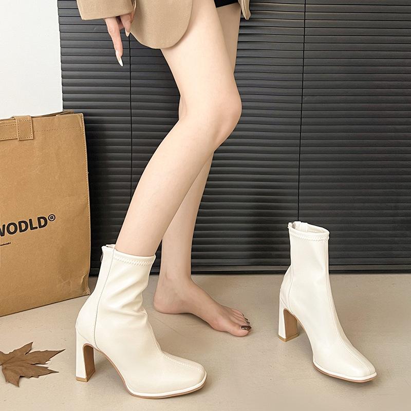 Внешнеторговые универсальные ботинки женские 2024 новые корейская версия белый темперамент толстый каблук короткие ботинки осень и зима французский высокий каблук тонкие ботинки