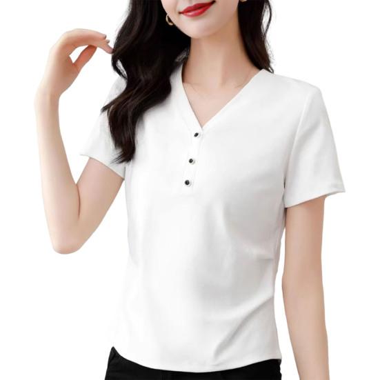 Yousheng женская футболка с V-образным вырезом и пуговицами, декорированная футболка с коротким рукавом, облегающая мягкая эластичная футболка-пуловер, топы для поездок на работу