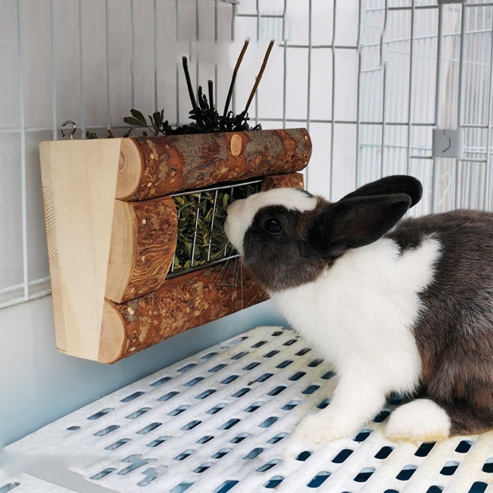 Rabbit Natural Wooden Grass Shelf 304 Stainless Steel Net Hay Dispenser Hanging Hay Feeder For Guinea Pig