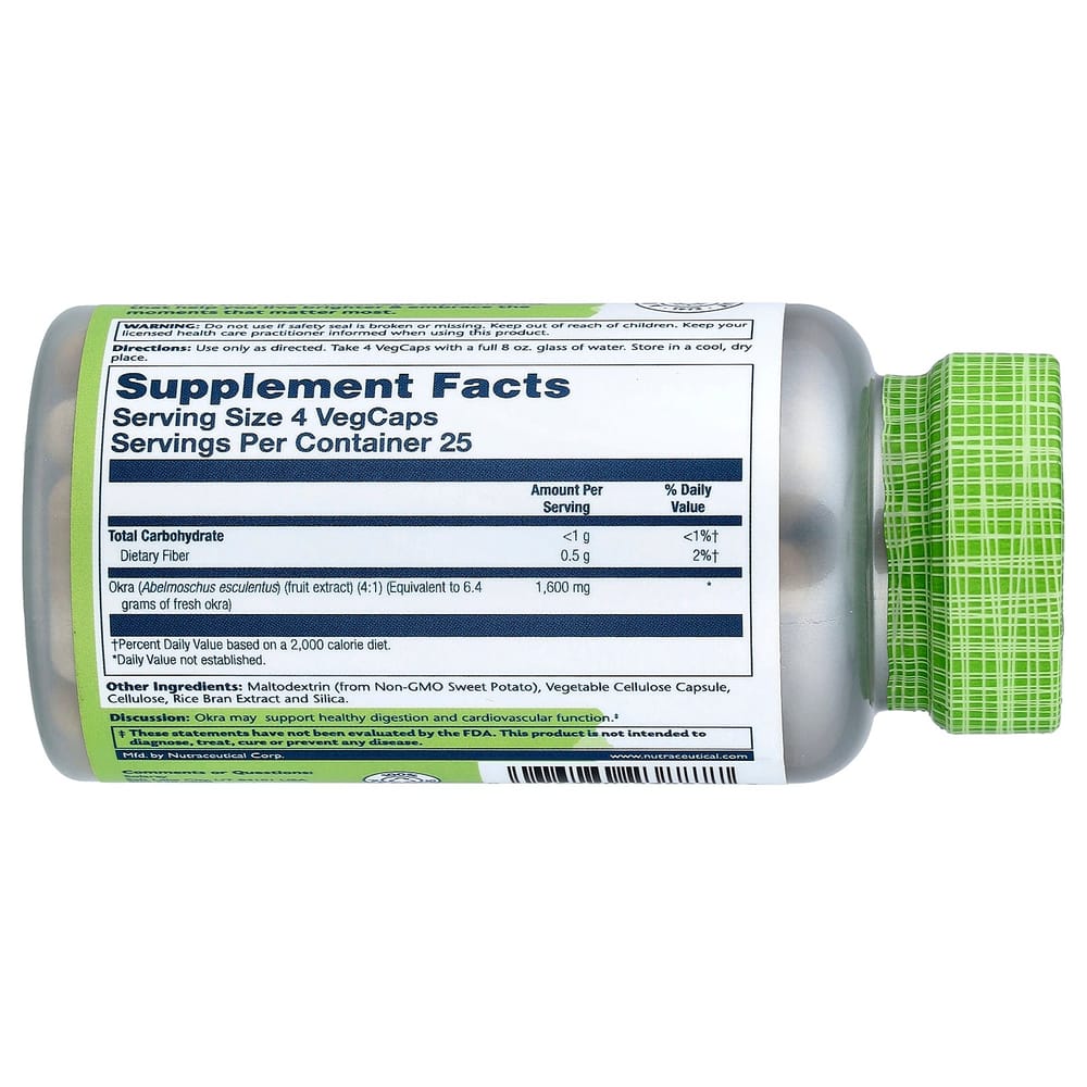Solaray Okra 1600mg Vegetarian Capsules, 100 Count (400mg per capsule)