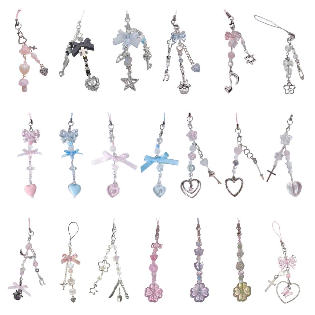 Handmade Bowknot Phone Chain Heart Pendant Keychain Rose Flower Charm Phone Lanyard Straps Acrylic Keyring Bag Ornament