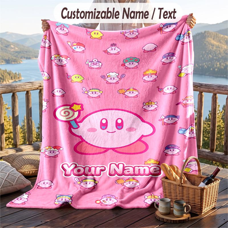 Kirby Flannel Blanket, Personalized Custom Name Text, Soft Warm Plush Throw Blanket For Gift