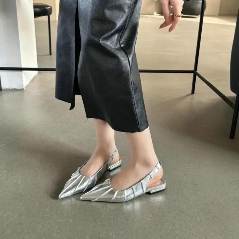 Fashion 2024 New Spring and Summer Fold Half Drag Flat Shallow Mouth Pointed Sandals Soft Flat Shoes Women's Single Shoes