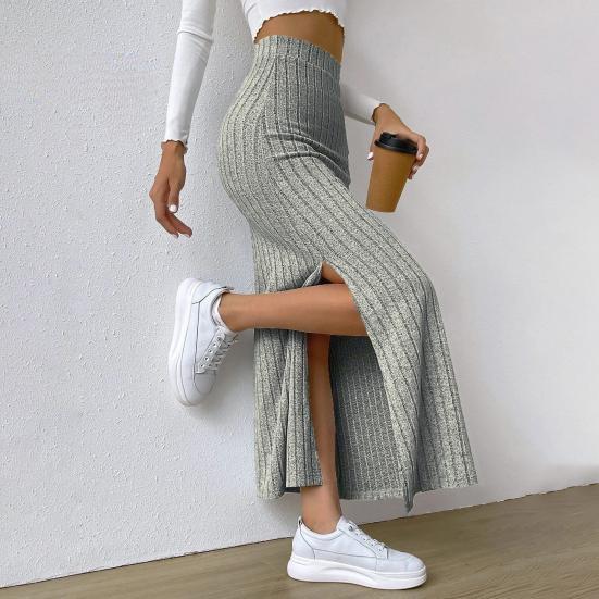 Women Maxi Ribbed Skirt Igh Waist Stretchy Rib Knit Split Slit Hem Midi Pencil Skirt Long Skirt Streetwear