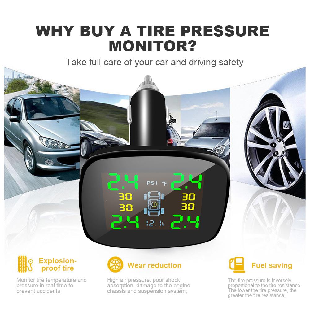 Прикуриватель Монитор температуры шин Универсальный TPMS с 4 датчиками USB Type-C TPMS Система контроля давления в шинах автомобиля с сигнализацией