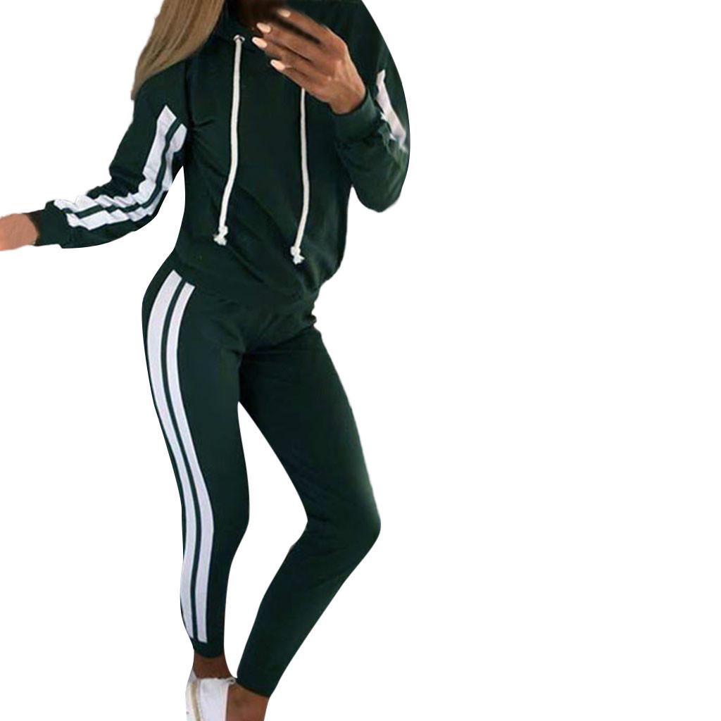 Fashion Women Casual Stripe Hooded Long Sleeve Pullove Sport Tops+Long Pants Set