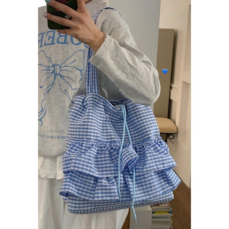 Клетчатая холщовая сумка, женская модная сумка-тоут, большая вместительная кружевная сумка