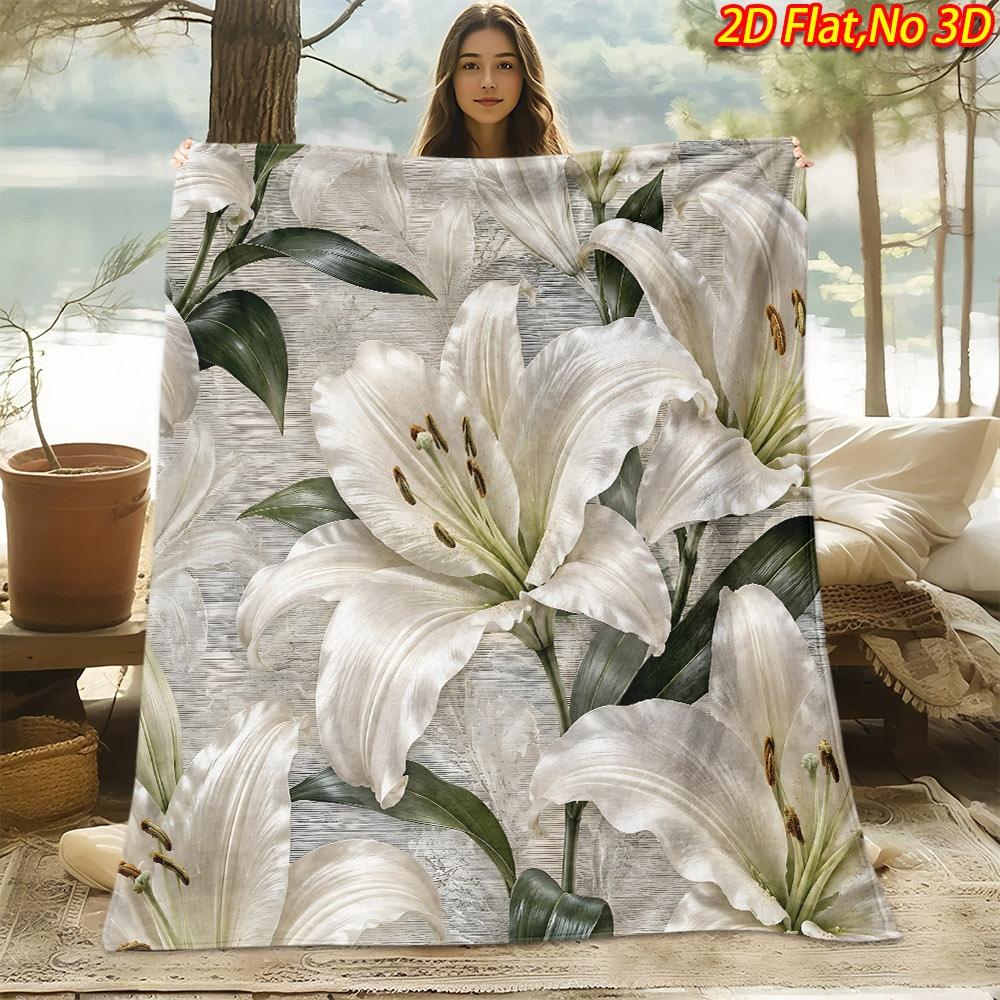 1pc 2D Flat Printing Spring & Summer New Arrival White Lily Flower Theme Digital Print Blanket, All Seasons, Casual Throw, 100% Polyester Soft And Com