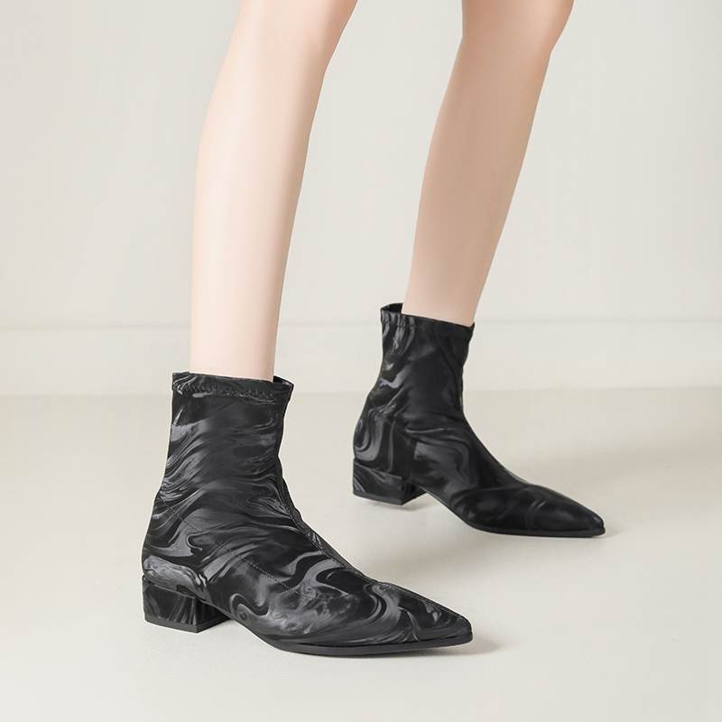 lenkisen PU Autumn Winter Shoes Thick Low Heels Printing Oriental Design Chelsea Boots Keep Warm Beauty Lady Ankle Boots