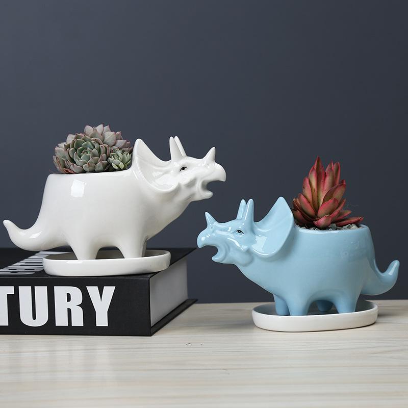 Creative Triangle Dinosaur Succulent Flower Pot Indoor Desktop White Ceramic Flower Pot With Tray